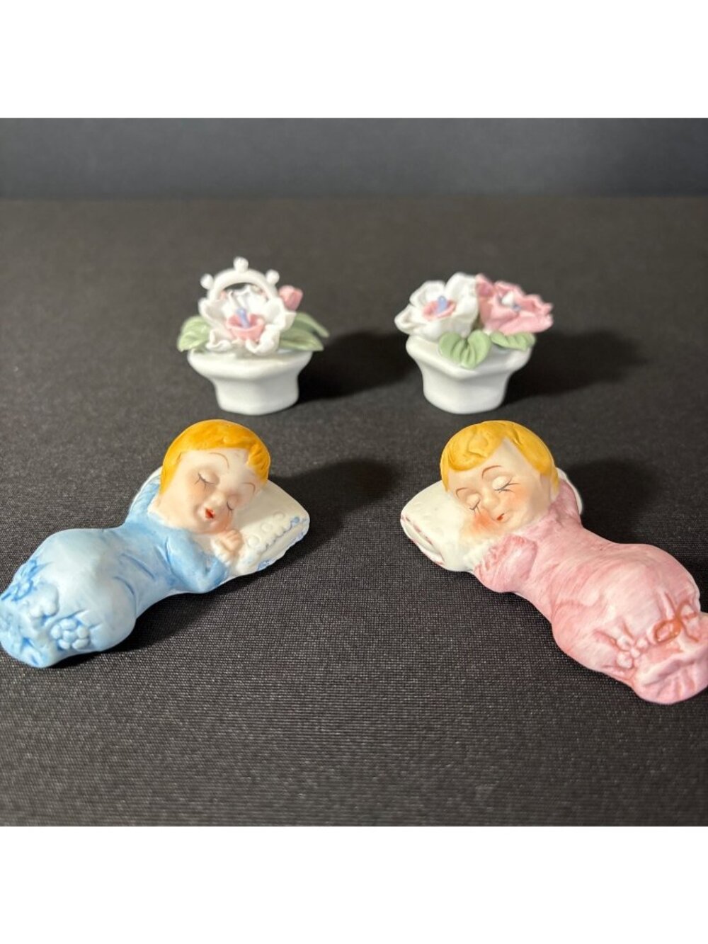 Vintage Sleeping Baby Boy & Girl Ceramic Floral Basket Figurines Party Cake